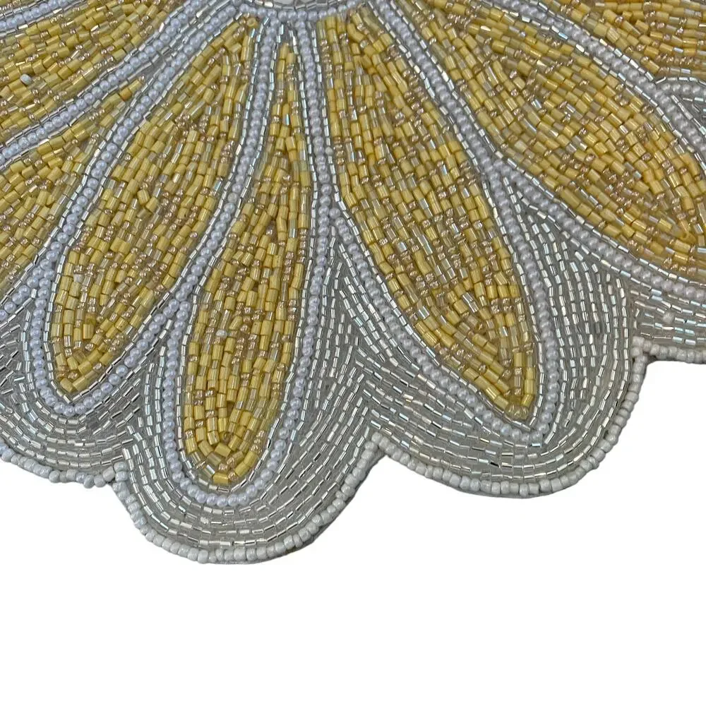 TAHARI HOME Glass Hand Beaded Charger Placemat Summer Yellow & White Floral NEW